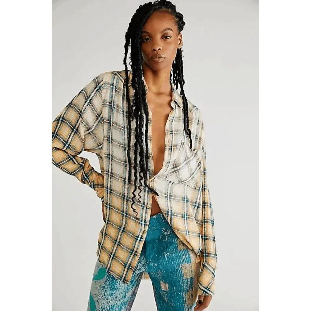 Free People One Yellow Plaid Faded Dyed Boho Button Down Top Small NWOT